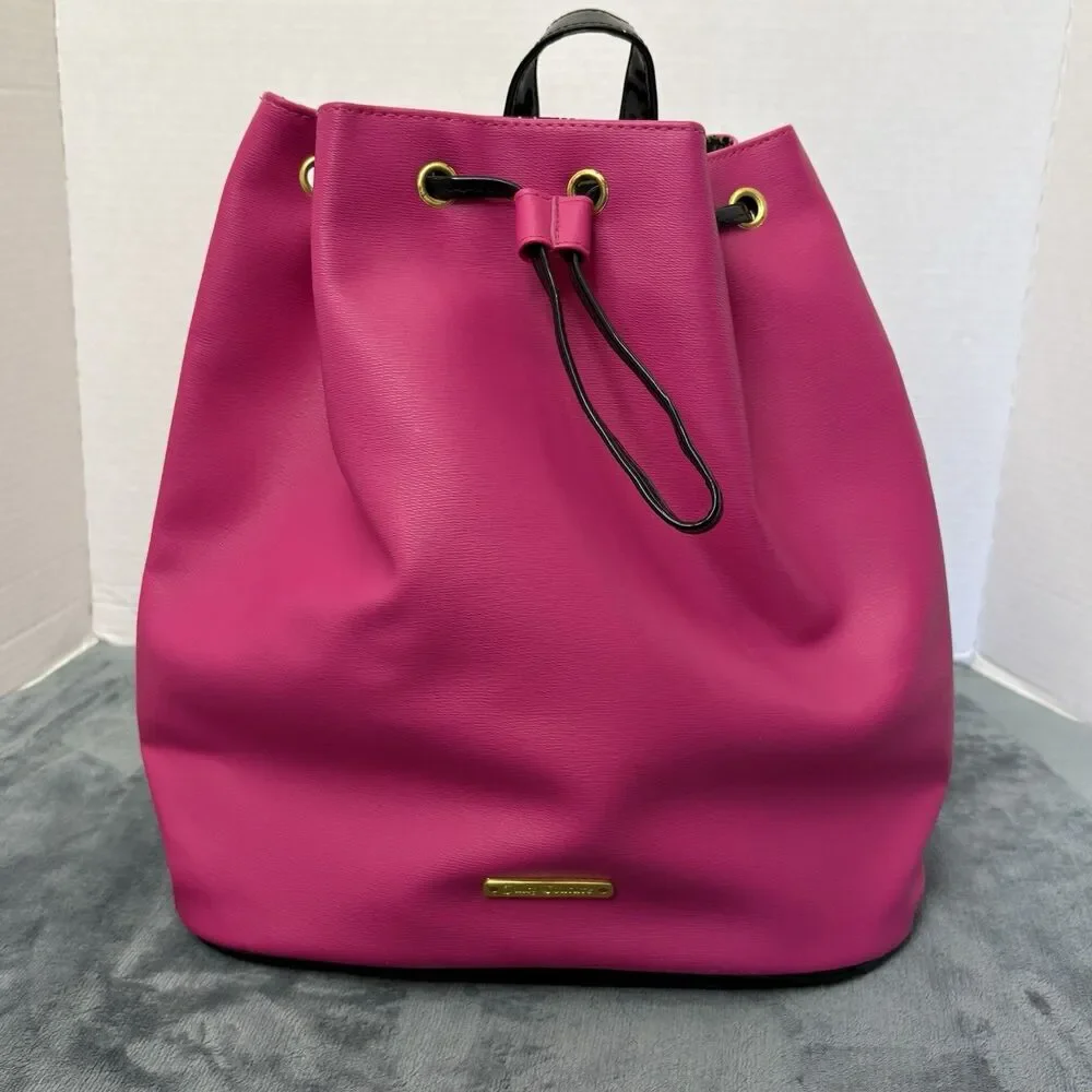 Y2kJuicy Couture Hot Pink Drawstring Bucket Backpack Gold Hardware Black Straps